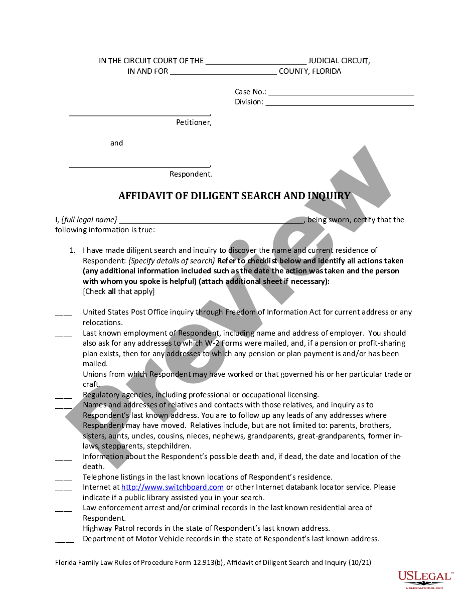 form Affidavit of Due Diligence for Name Change of Minor preview