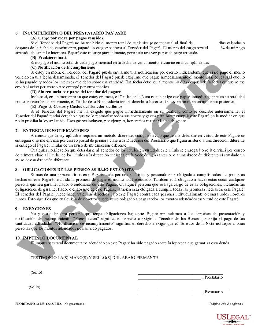 Preview Pagaré de pago a plazos no garantizado de Florida para tasa fija