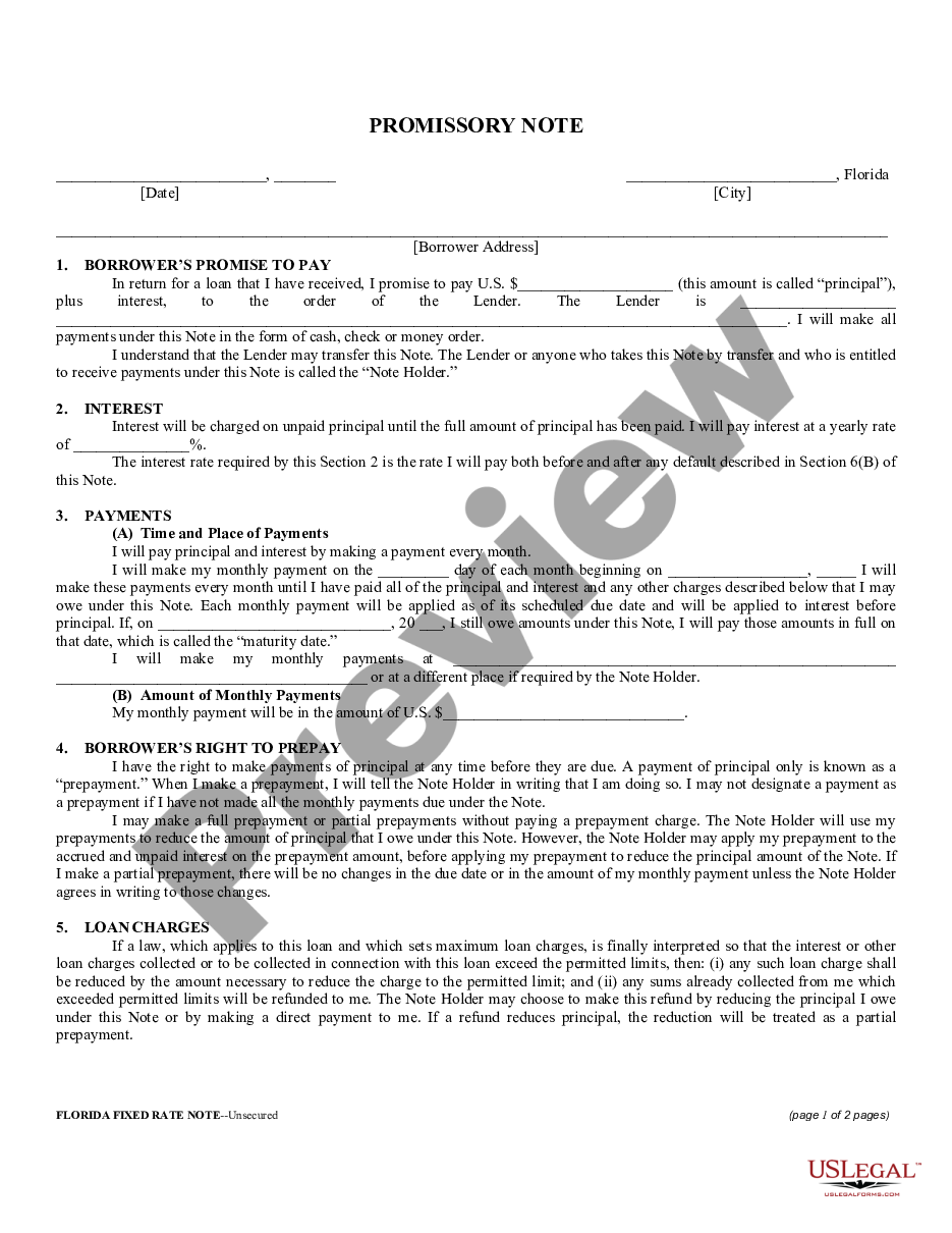 page 0 Florida Unsecured Installment Payment Promissory Note for Fixed Rate preview