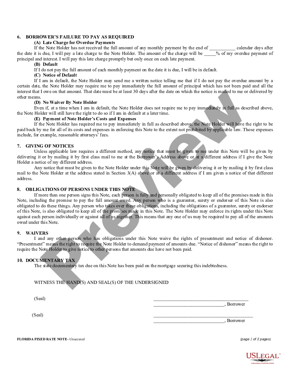 form Florida Unsecured Installment Payment Promissory Note for Fixed Rate preview