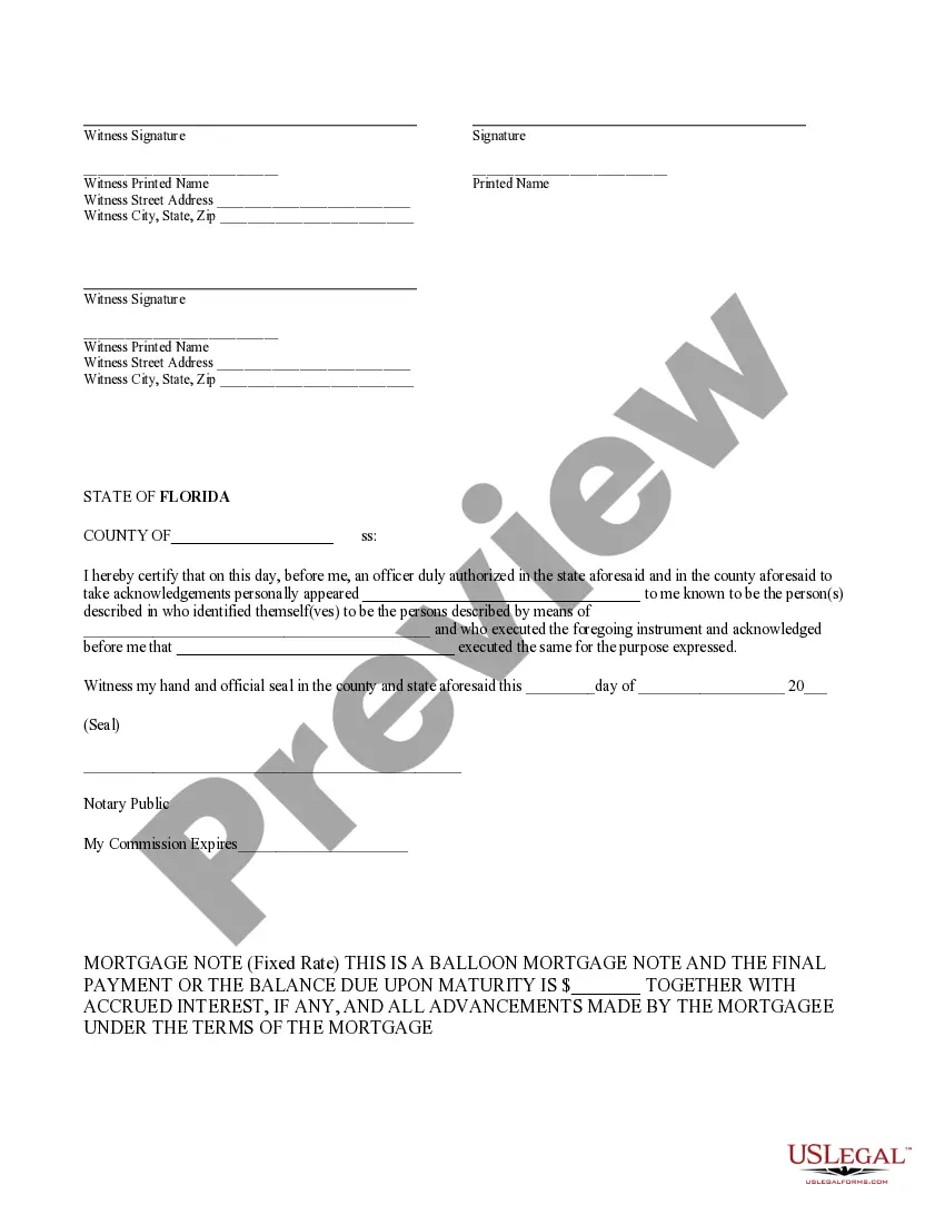 Preview Fixed Rate Mortgage Note with Balloon Payment