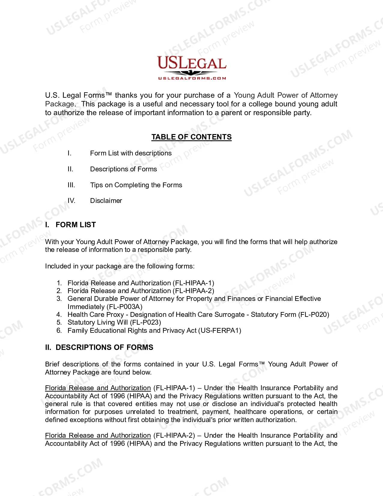Preview Florida Young Adult Power of Attorney Package