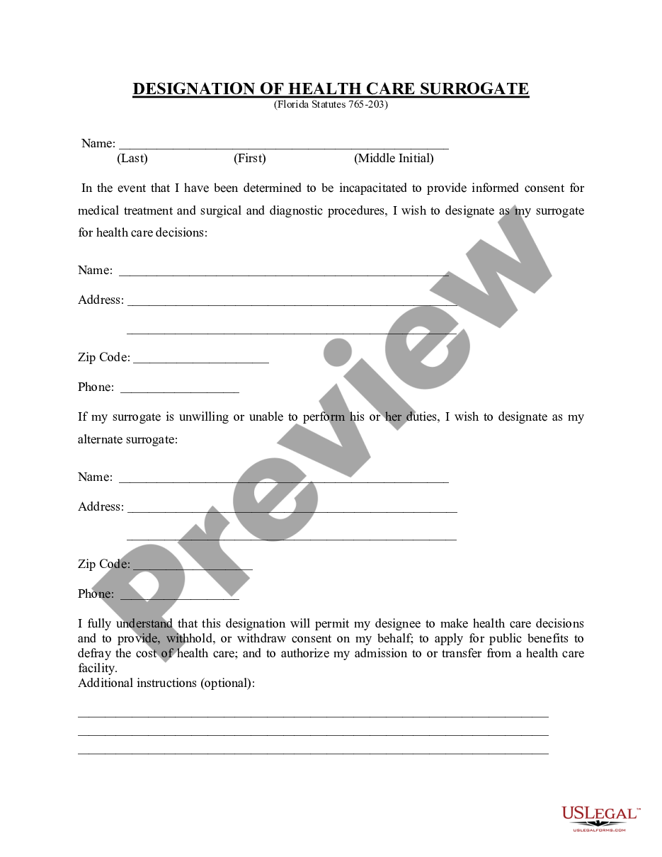 page 0 Health Care Proxy - Designation of Health Care Surrogate - Statutory Form preview