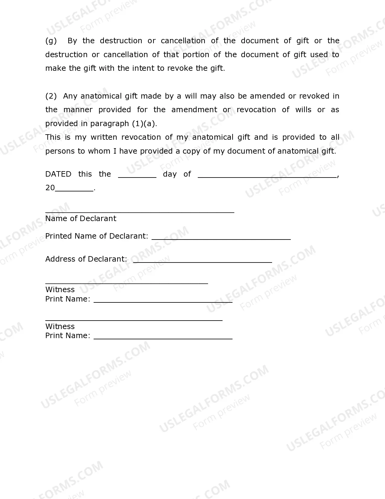 Preview Revocation of Anatomical Gift Donation