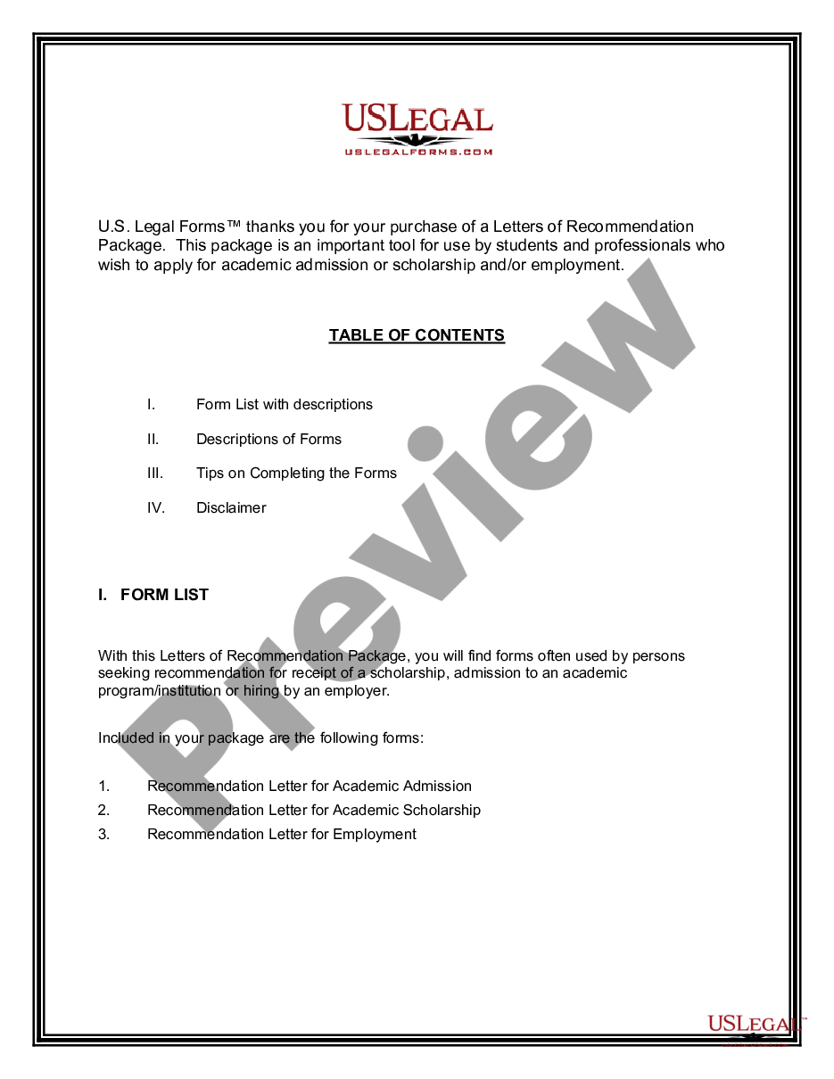 form Letters of Recommendation Package preview