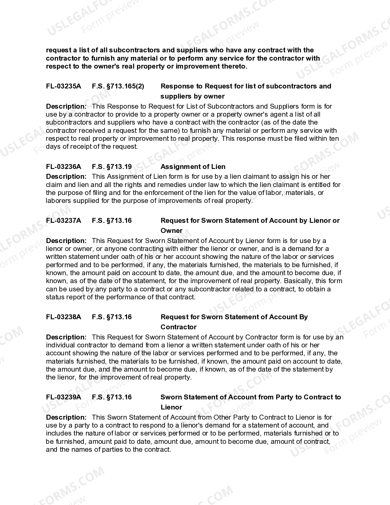 Florida Construction or Mechanics Lien Package Assignatory US Legal