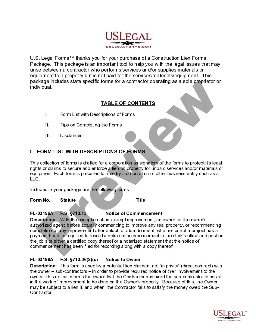 Get Florida Construction or Mechanics Lien Package - Corporation or LLC as Signatory Preview Florida Construction or Mechanics Lien Package - Corporation or LLC as Signatory
