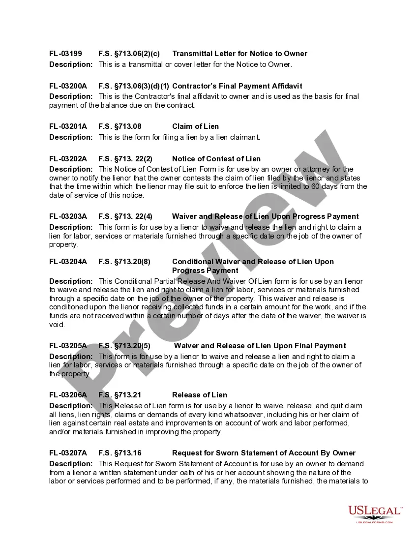 Get Florida Construction or Mechanics Lien Package - Corporation or LLC as Signatory Preview Florida Construction or Mechanics Lien Package - Corporation or LLC as Signatory
