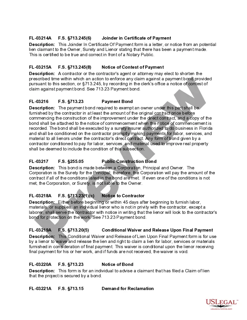 Get Florida Construction or Mechanics Lien Package - Corporation or LLC as Signatory Preview Florida Construction or Mechanics Lien Package - Corporation or LLC as Signatory