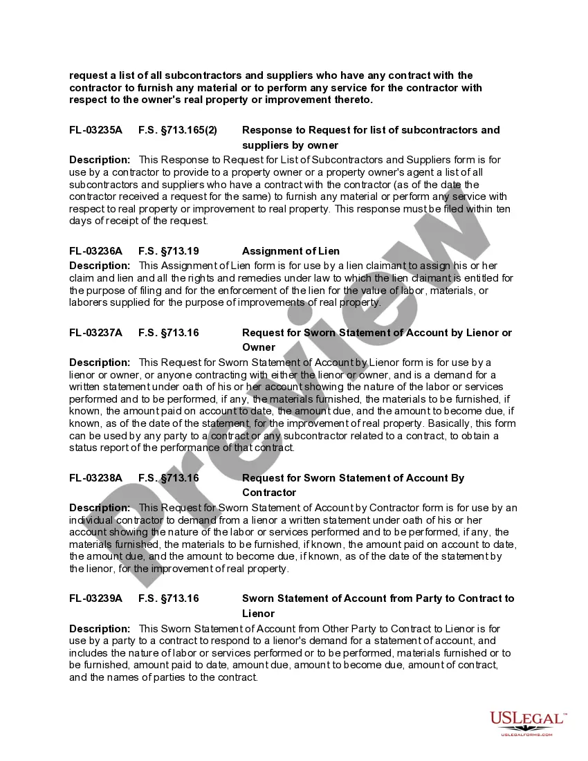 Get Florida Construction or Mechanics Lien Package - Corporation or LLC as Signatory Preview Florida Construction or Mechanics Lien Package - Corporation or LLC as Signatory