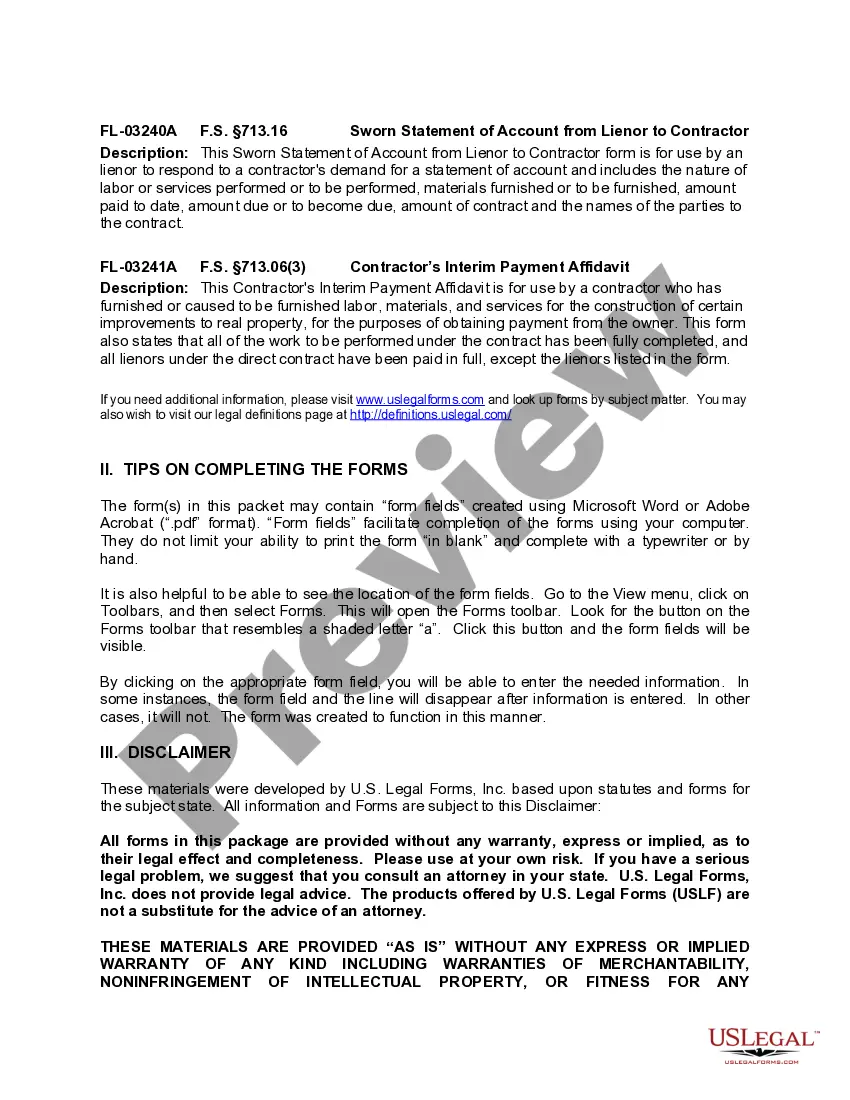 Get Florida Construction or Mechanics Lien Package - Corporation or LLC as Signatory Preview Florida Construction or Mechanics Lien Package - Corporation or LLC as Signatory