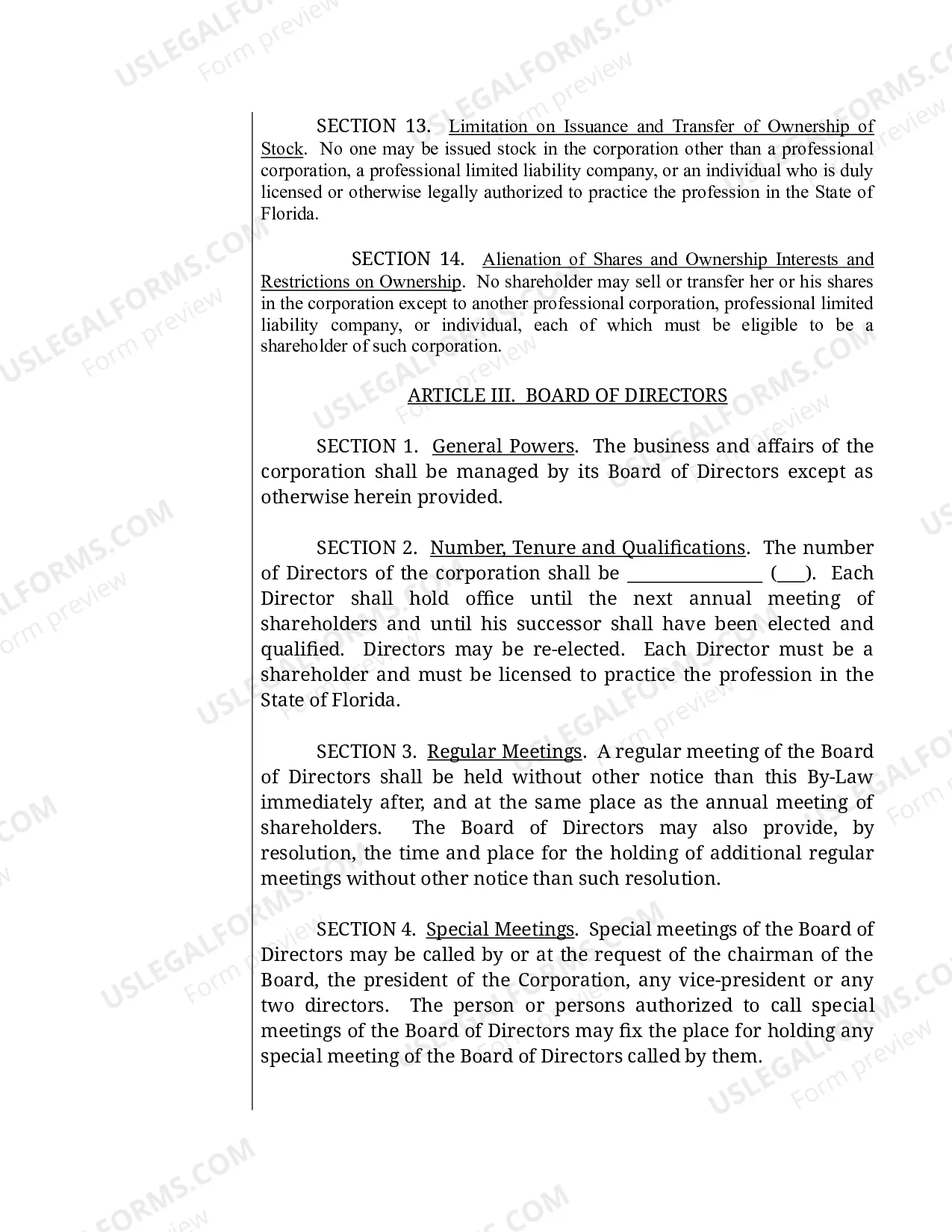 Preview Sample Bylaws for a Florida Professional Corporation