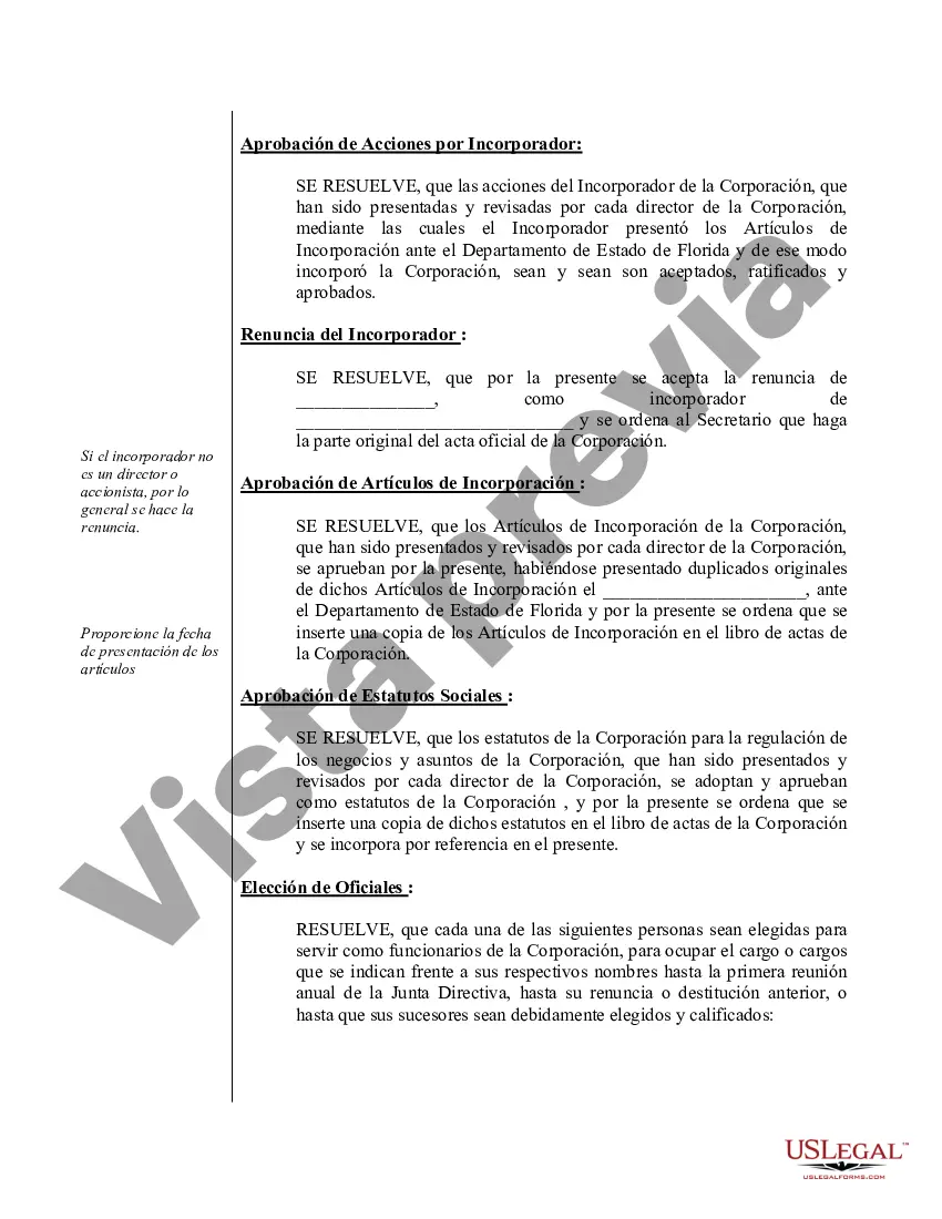 Preview Actas de organización para una corporación profesional de Florida