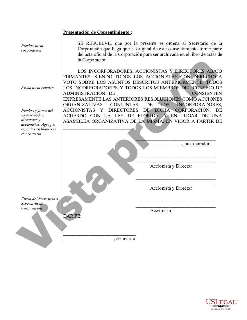 Preview Actas de organización para una corporación profesional de Florida