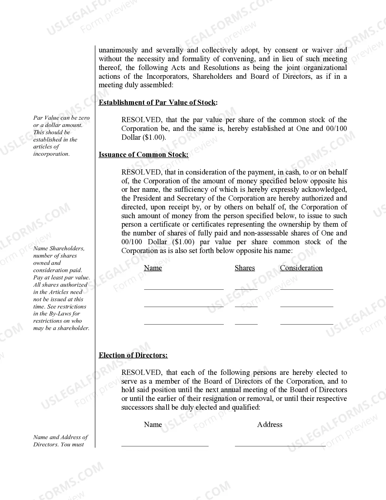 Preview Organizational Minutes for a Florida Professional Corporation