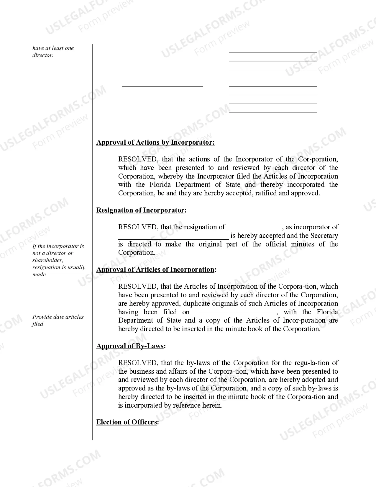 Preview Organizational Minutes for a Florida Professional Corporation
