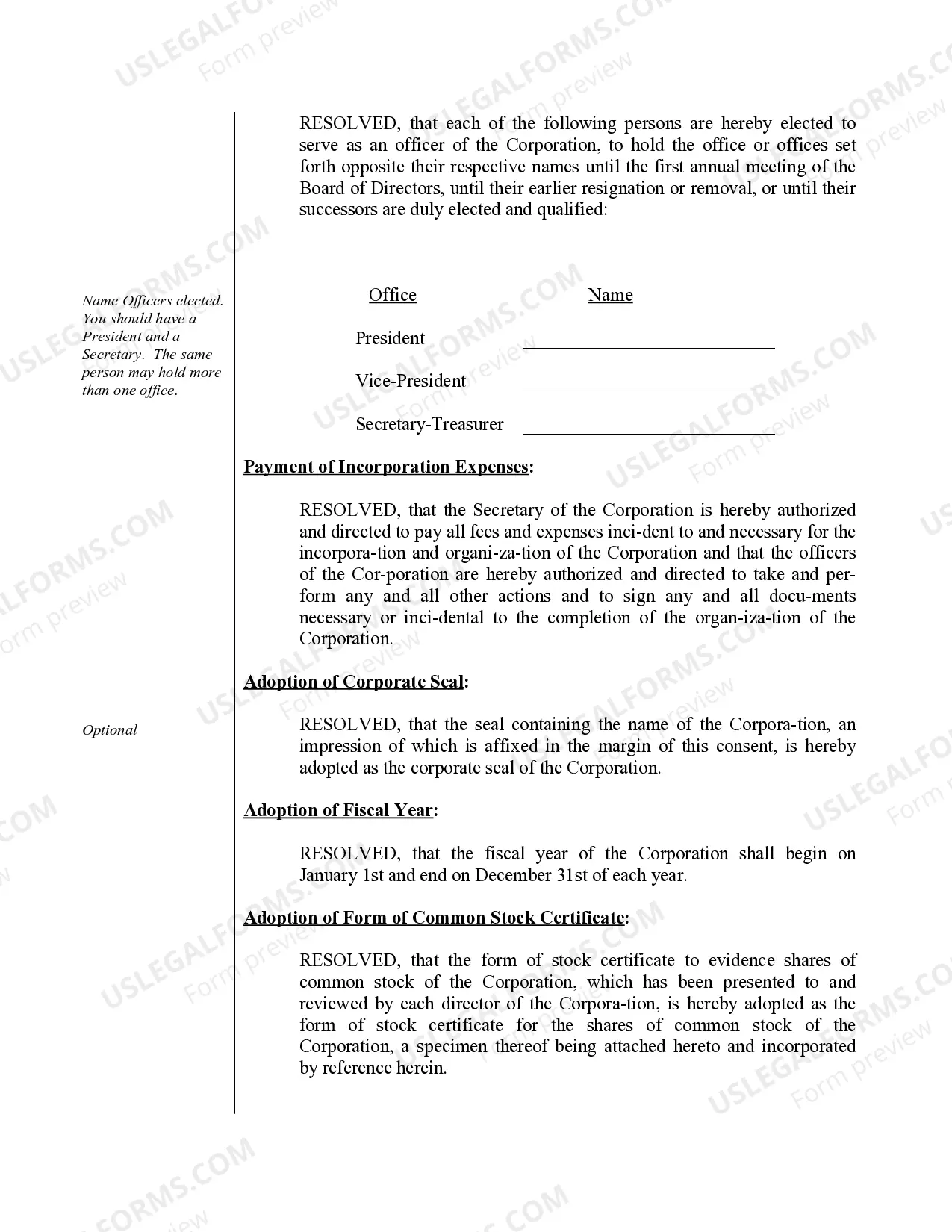 Preview Organizational Minutes for a Florida Professional Corporation