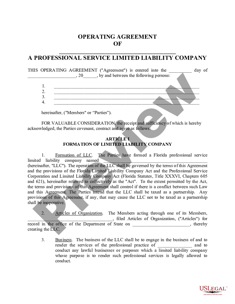 page 1 Sample Operating Agreement for Professional Limited Liability Company PLLC preview