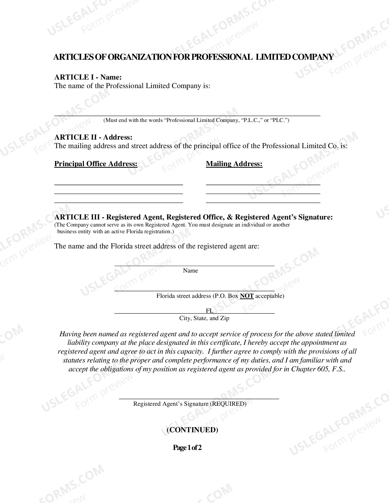 Preview Articles of Organization for a Florida Professional Limited Liability Company PLLC