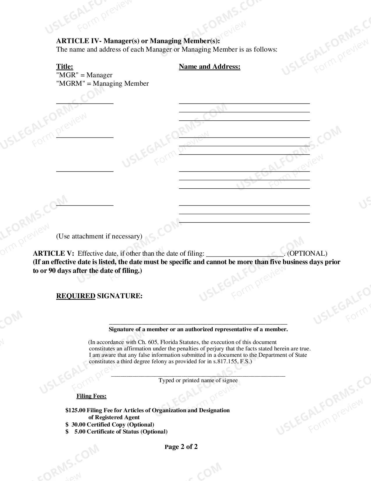 Preview Articles of Organization for a Florida Professional Limited Liability Company PLLC