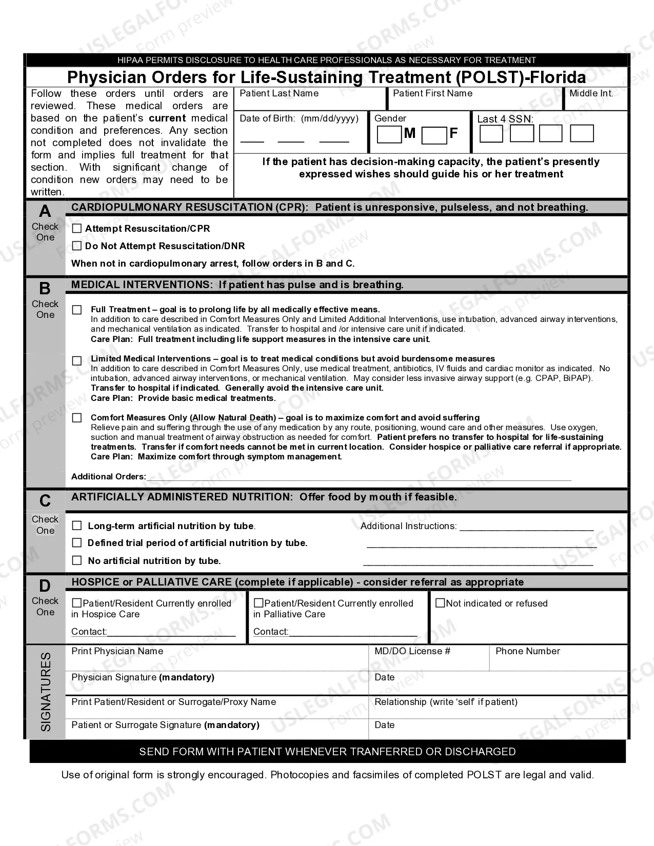 Preview Florida Physician Orders for Life Sustaining Treatment
