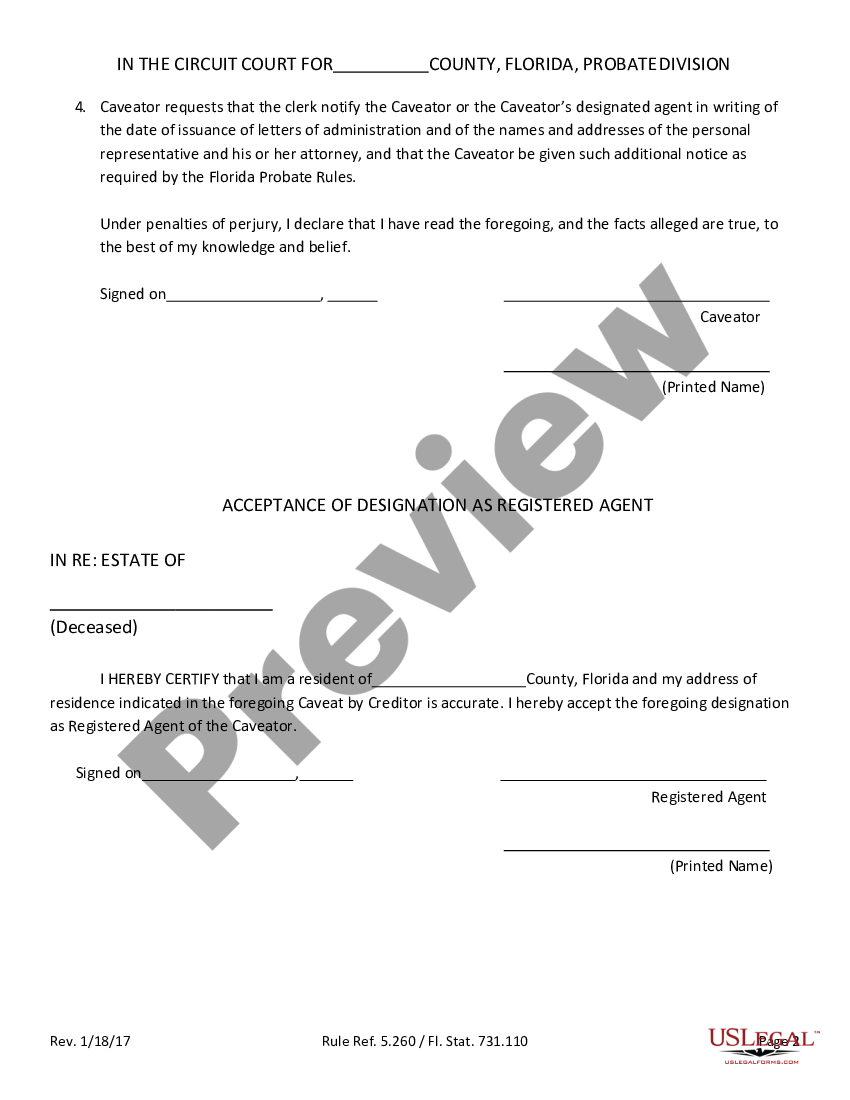 Florida Caveat By Creditor Florida Probate Caveat Form Us Legal Forms