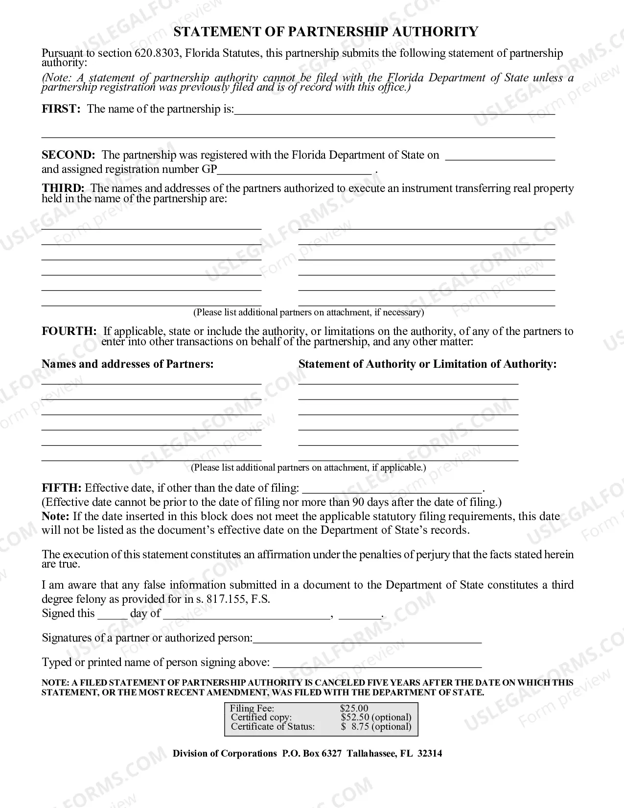 Preview Florida Statement of Partnership Authority