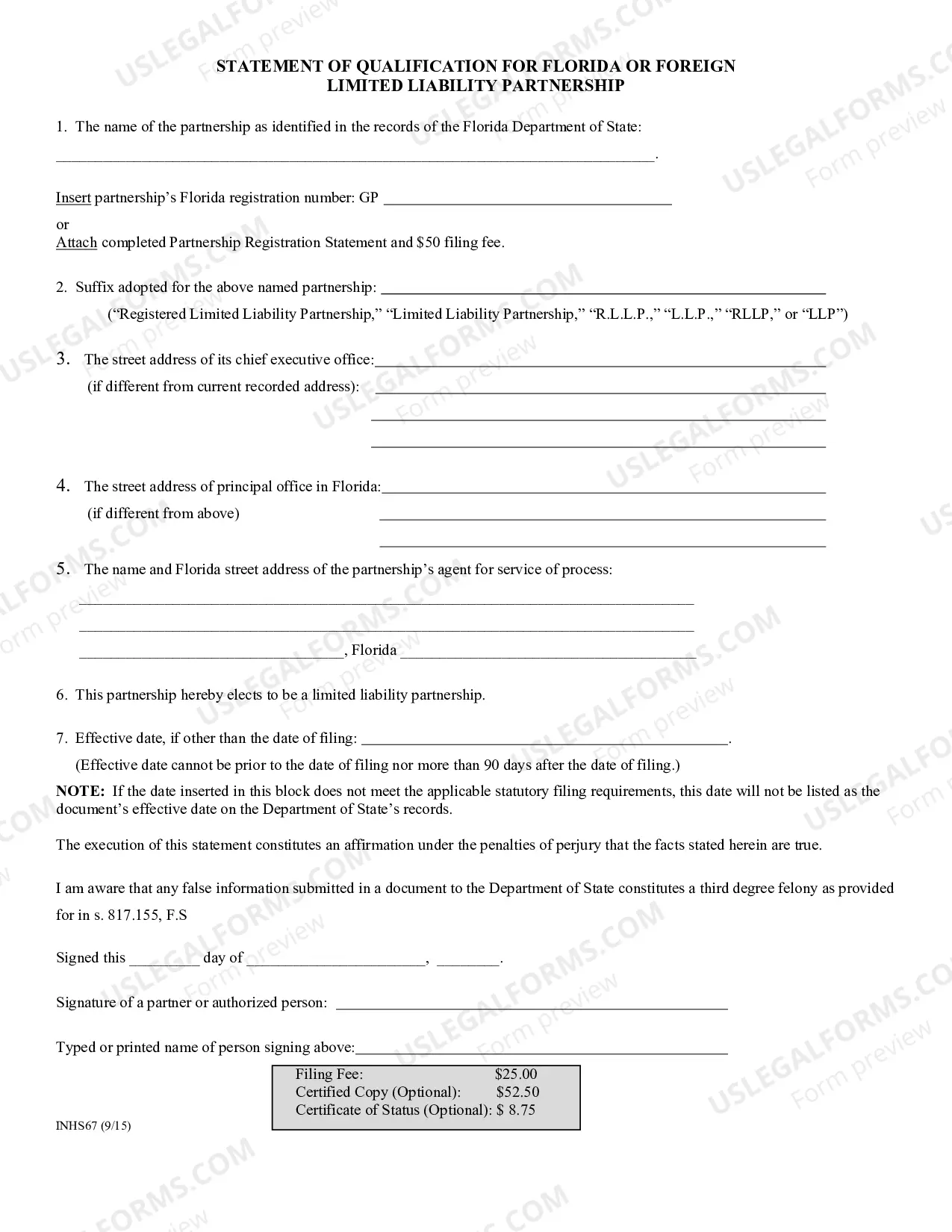 Preview Statement of Qualification for Florida or Foreign LLP