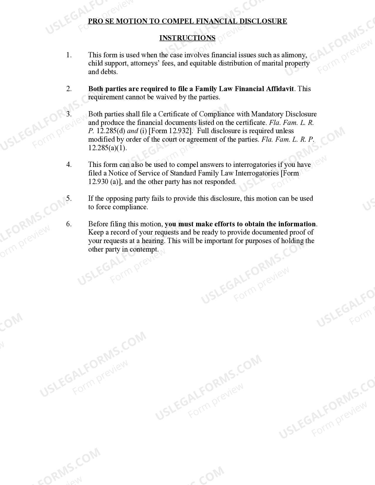 Florida Pro Se Motion to Compel Financial Disclosure US Legal Forms