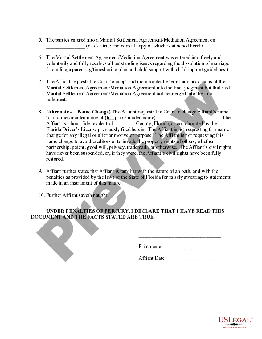 Preview Affidavit for Uncontested Final Judgment of Dissolution of Marriage