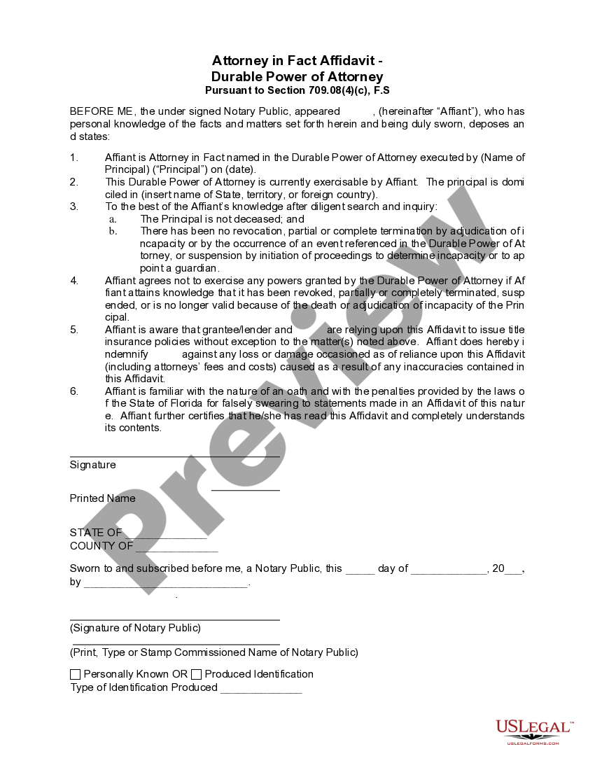 Florida Attorney in Fact Affidavit Durable Power of Attorney US