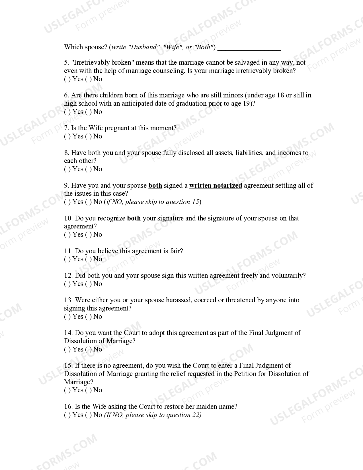 Florida Special Affidavit for Uncontested Dissolution of Marriage w/o ...