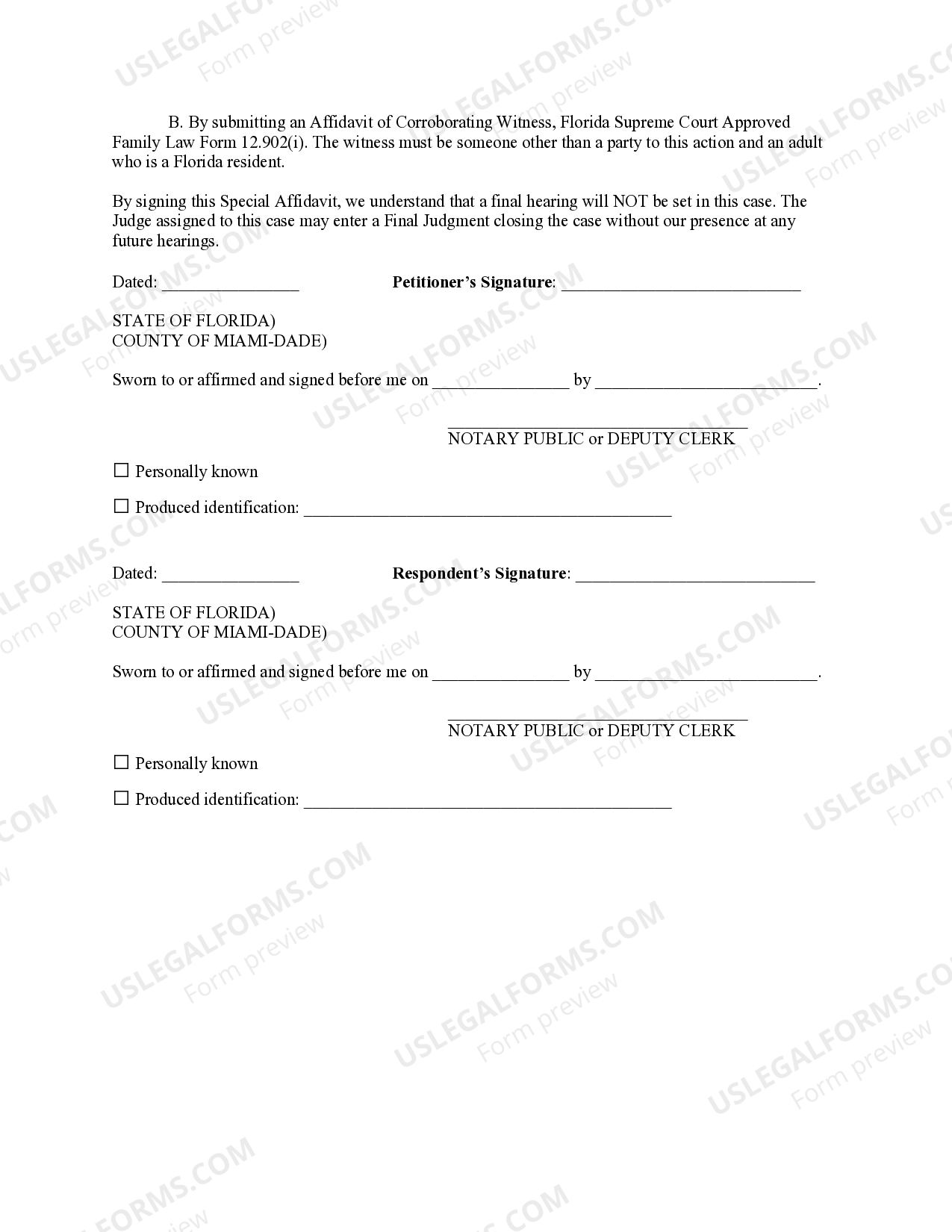 Florida Special Affidavit for Uncontested Dissolution of Marriage w/o ...