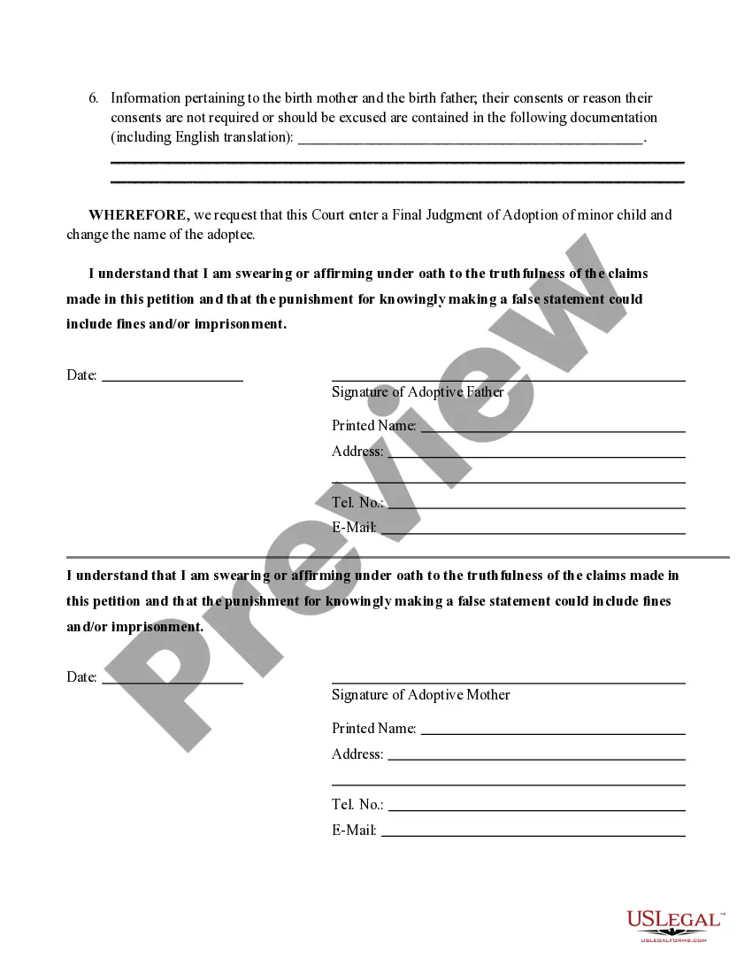 Preview Petition for Recognition of Adoption of a Minor Child Born in a Foreign Country