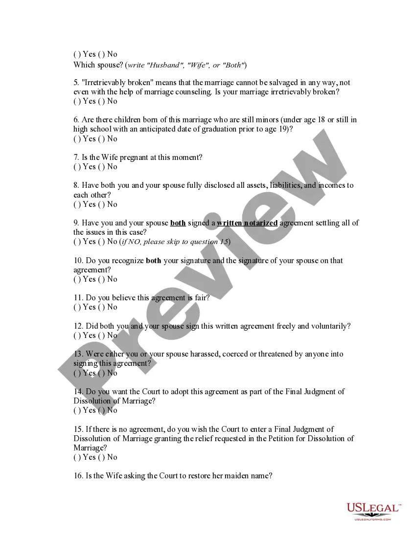 Preview Special Affidavit for Uncontested Dissolution of Marriage Without A Hearing