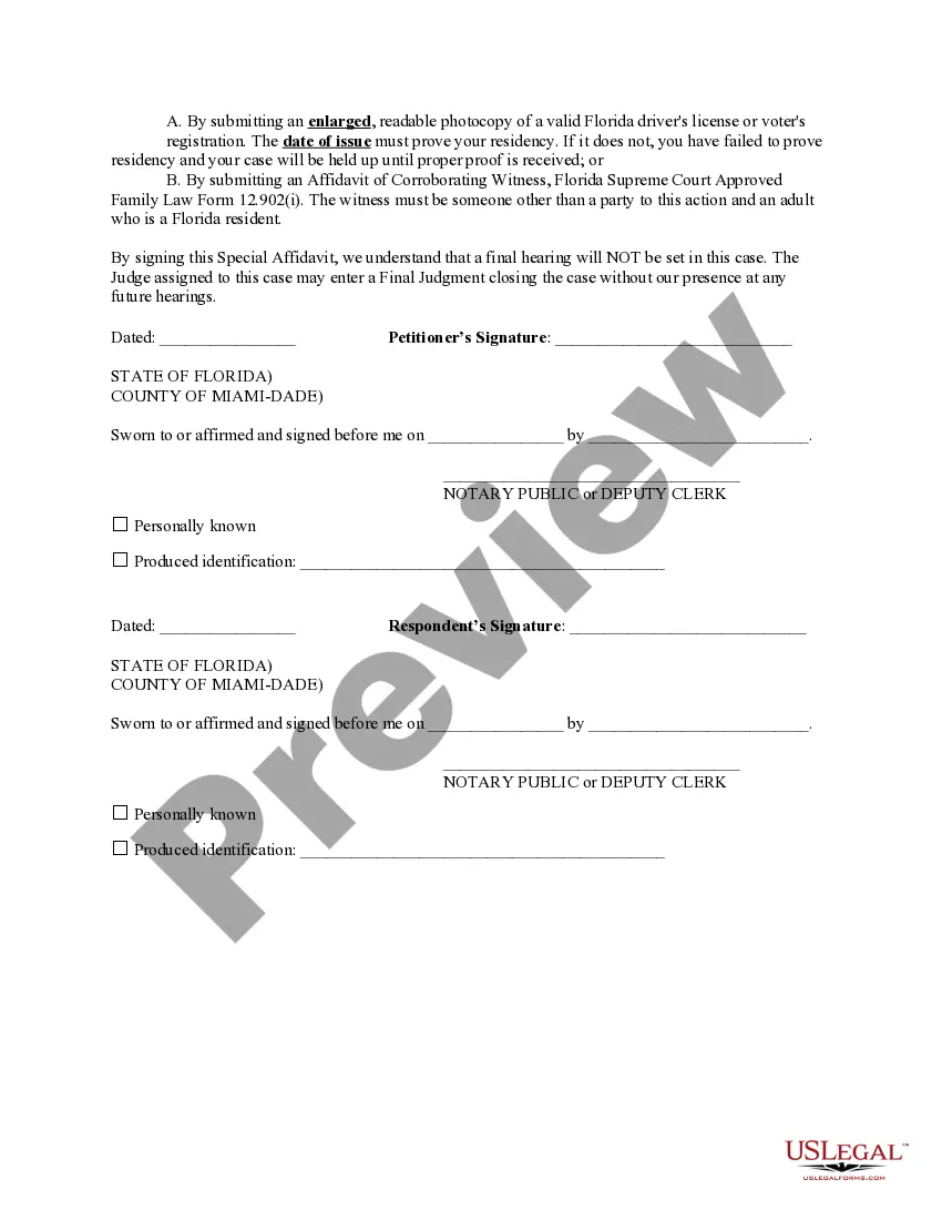 Preview Special Affidavit for Uncontested Dissolution of Marriage Without A Hearing