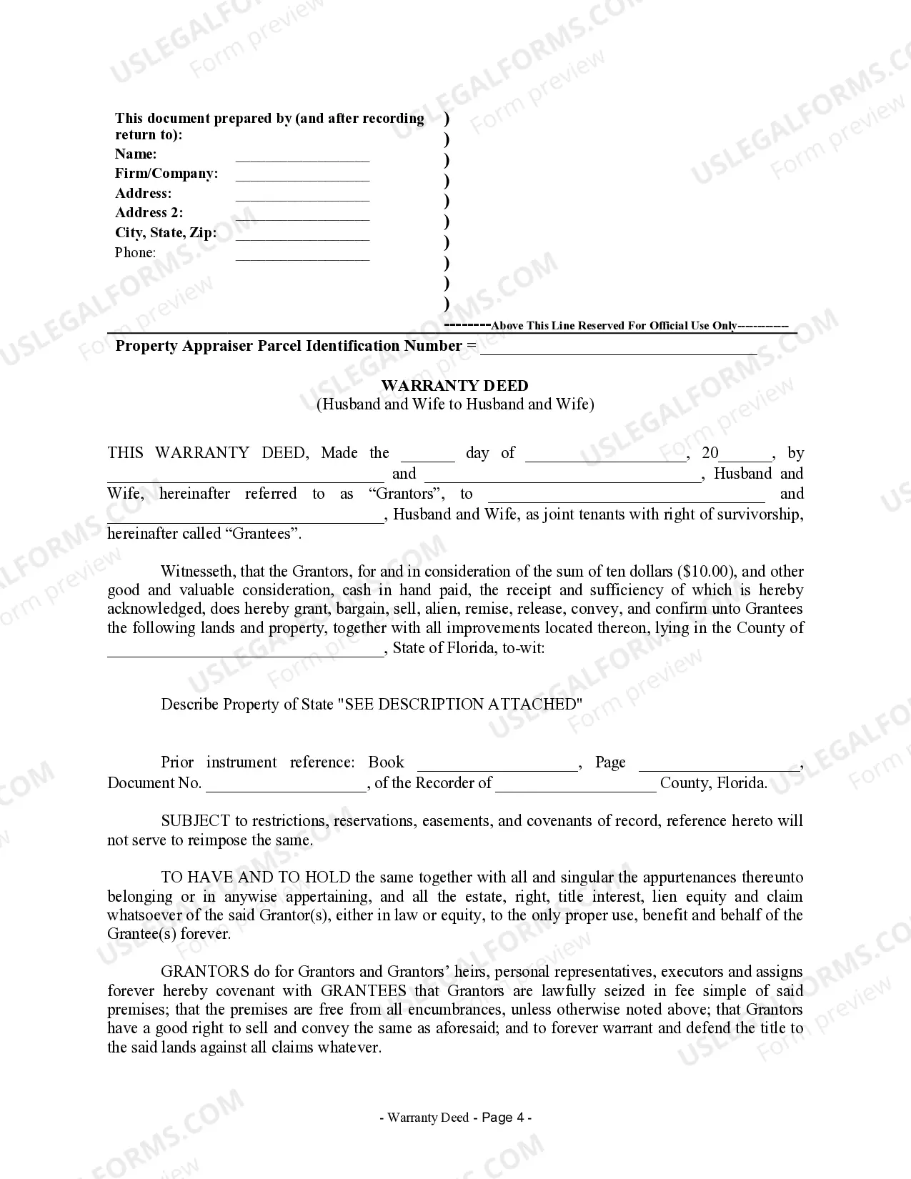 Preview Warranty Deed for Husband and Wife Converting Property from Tenants in Common to Joint Tenancy