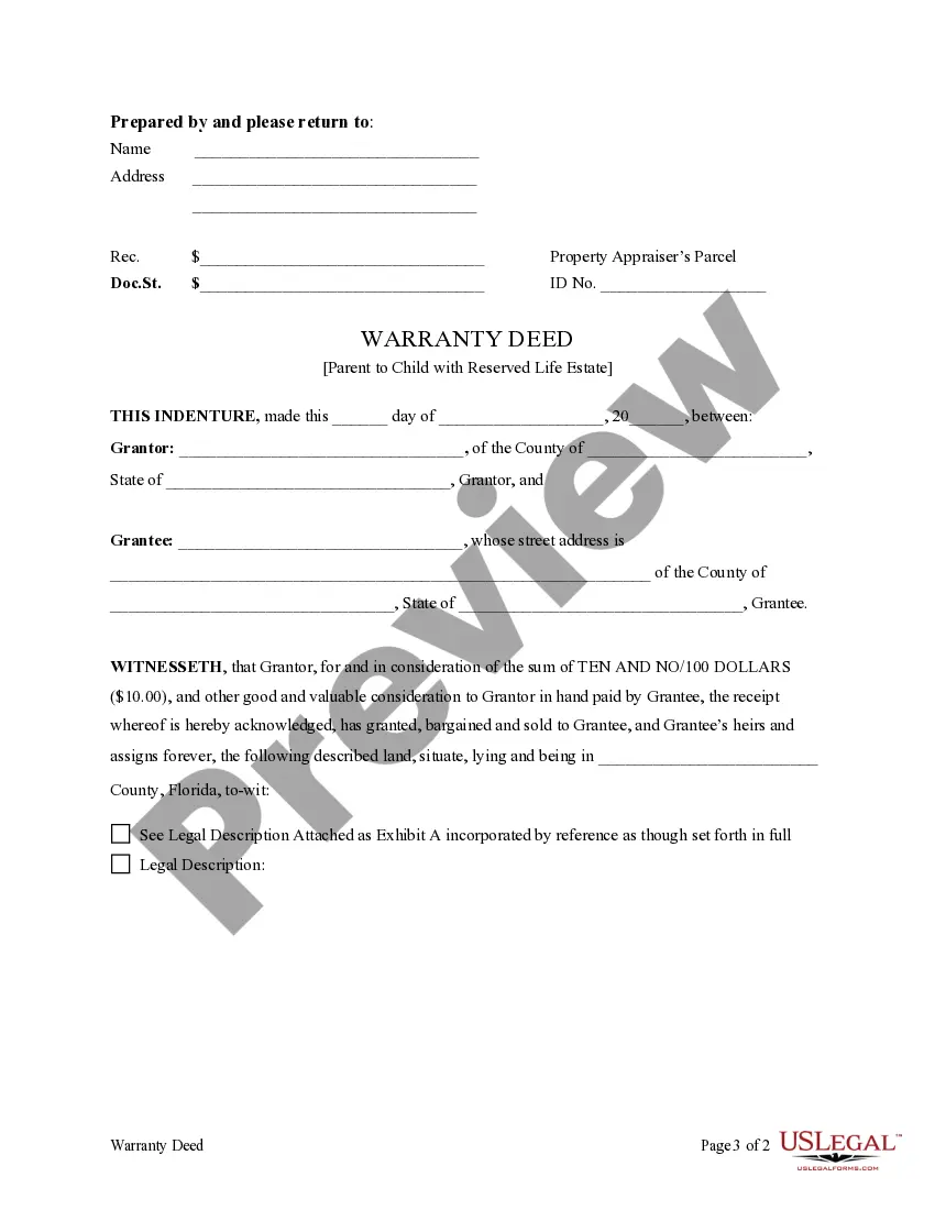 Preview Warranty Deed for Parent to Child Reserving Life Estates to Parent