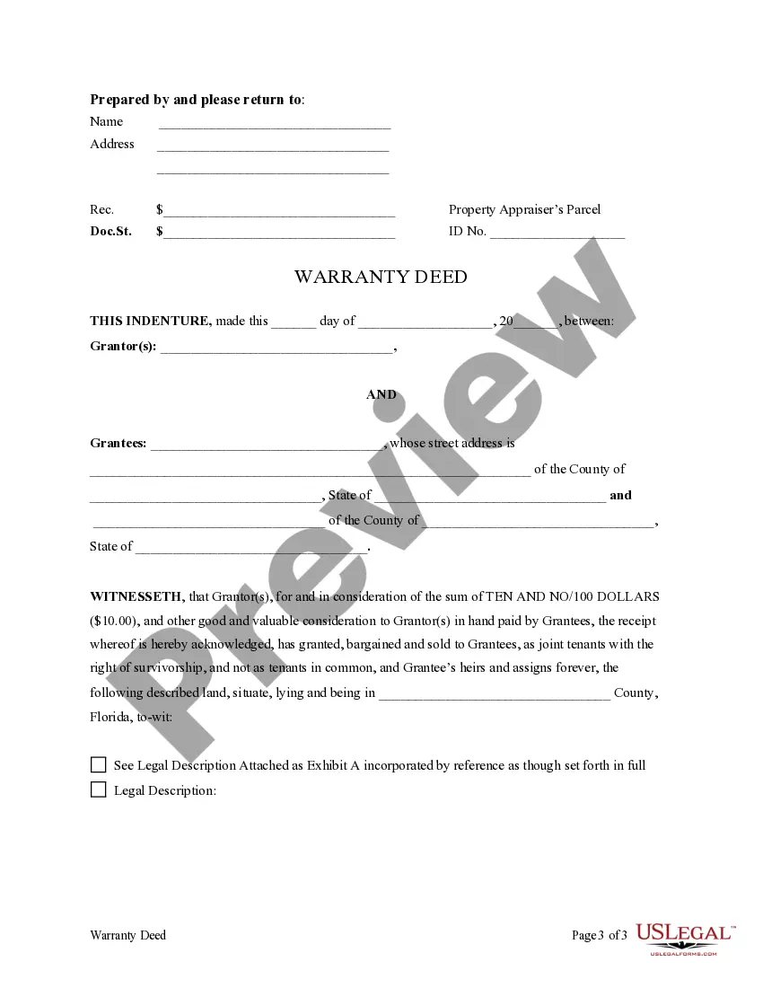 Preview Warranty Deed to Separate Property, or Joint Property, to Two Individuals as Joint Tenants