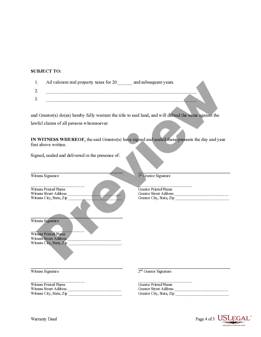 Preview Warranty Deed to Separate Property, or Joint Property, to Two Individuals as Joint Tenants