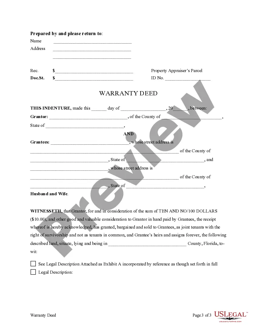 Preview Warranty Deed to Separate Property of one Spouse to both as Joint Tenants