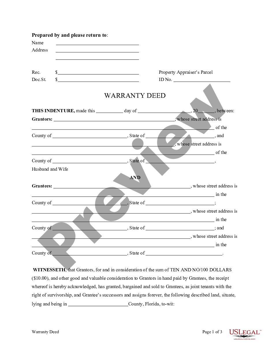 Florida Warranty Deed For Husband And Wife To Three Individuals As Joint Tenants With The Right 