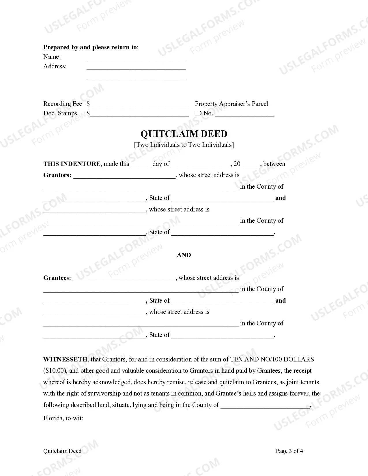 Preview Quitclaim Deed from two Individuals to Two Individuals as Joint Tenants