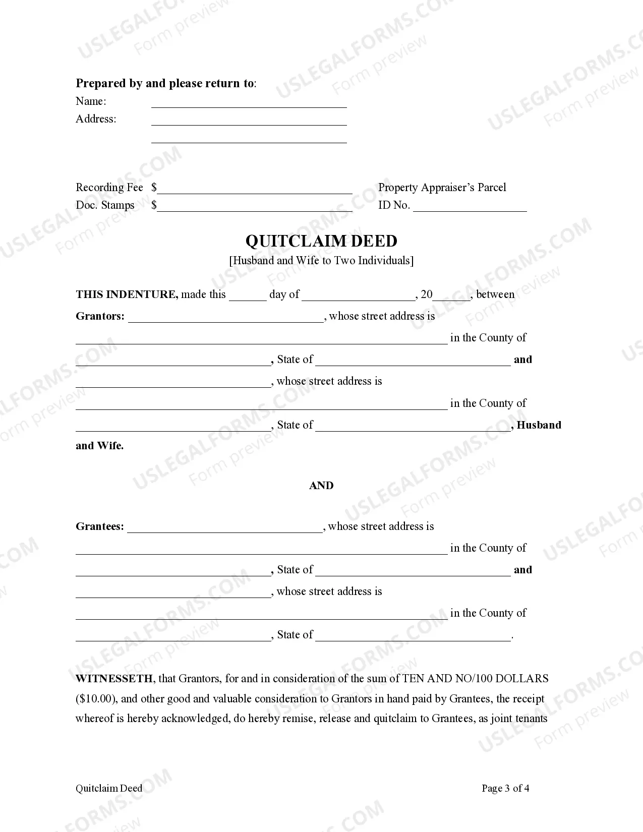 Preview Quitclaim Deed from Husband and Wife to Two Individuals as Joint Tenants
