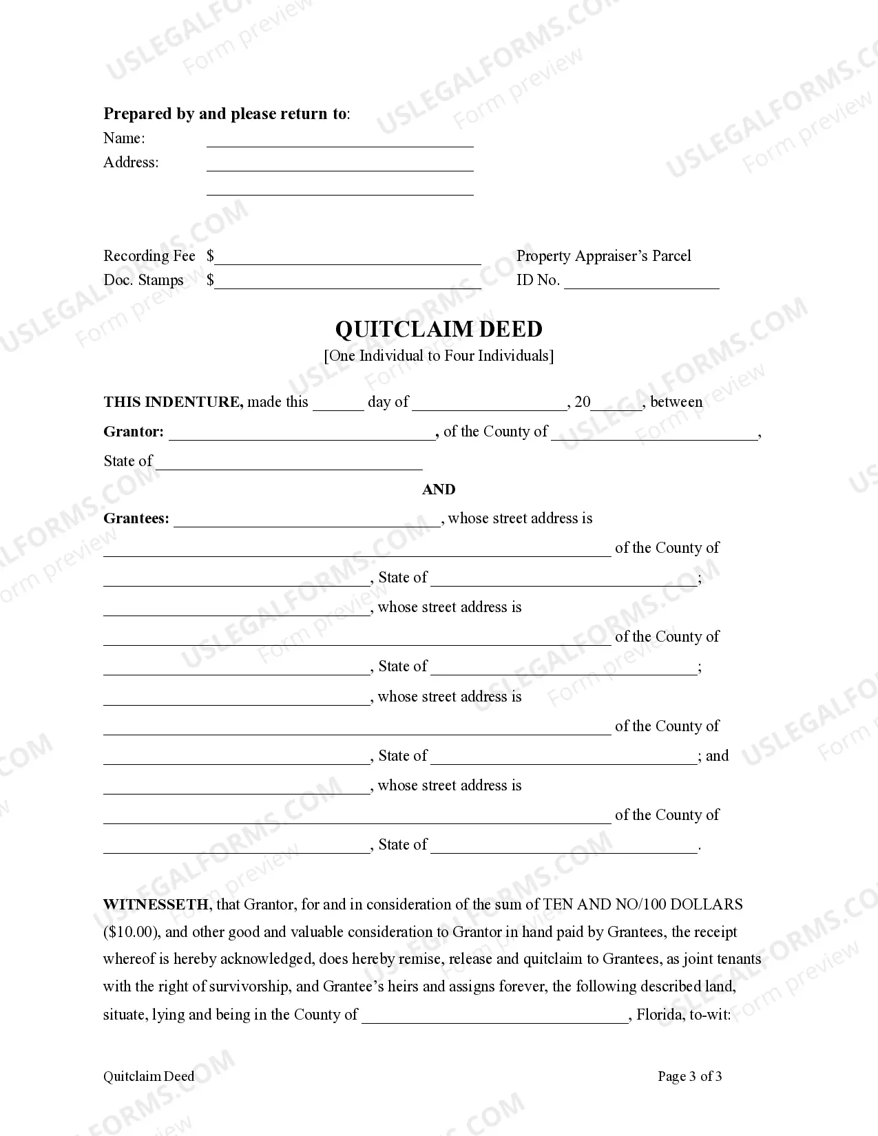 Preview Quitclaim Deed from one Individual to Four Individuals as Joint Tenants