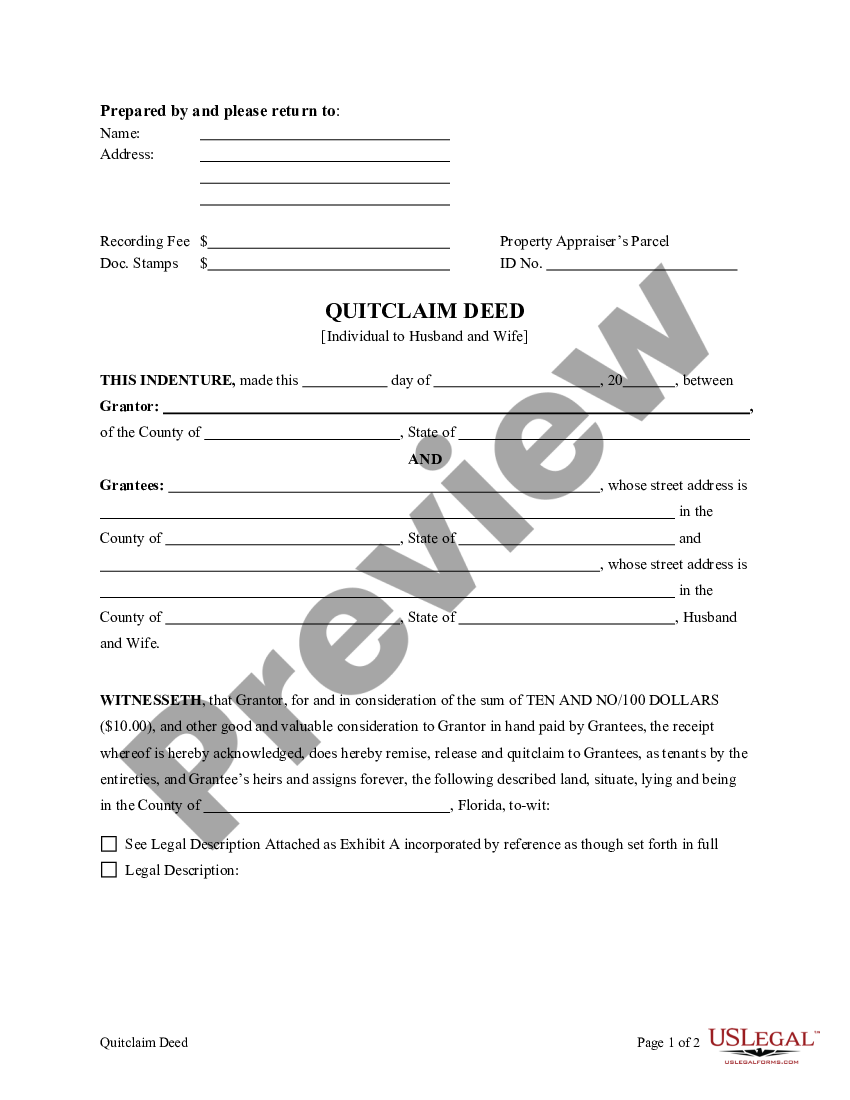 Florida Quitclaim Deed For Individual To Husband And Wife As Tenants By The Entireties 7742