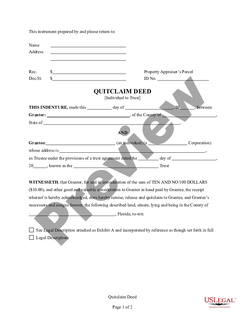 Florida Quitclaim Deed For Individual To A Trust Florida Legal Forms Quit Claim Deed Into 3918