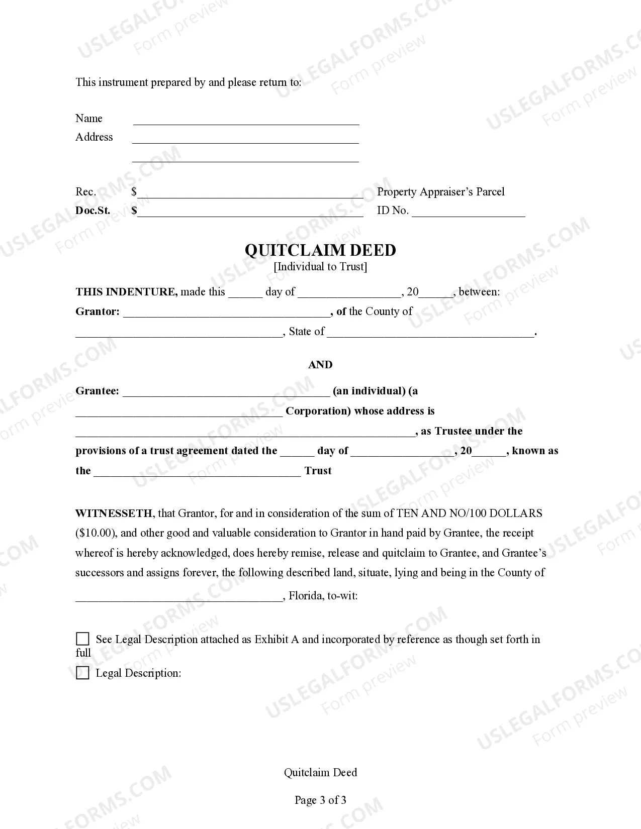 Preview Quitclaim Deed for Individual to a Trust