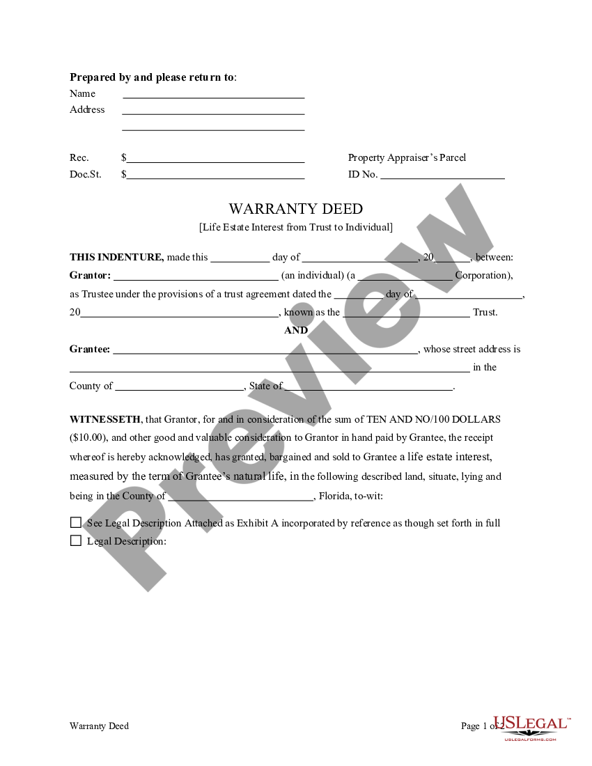 Lakeland Florida Warranty Deed For Life Estate Interest From Trust To Individual Us Legal Forms 2963