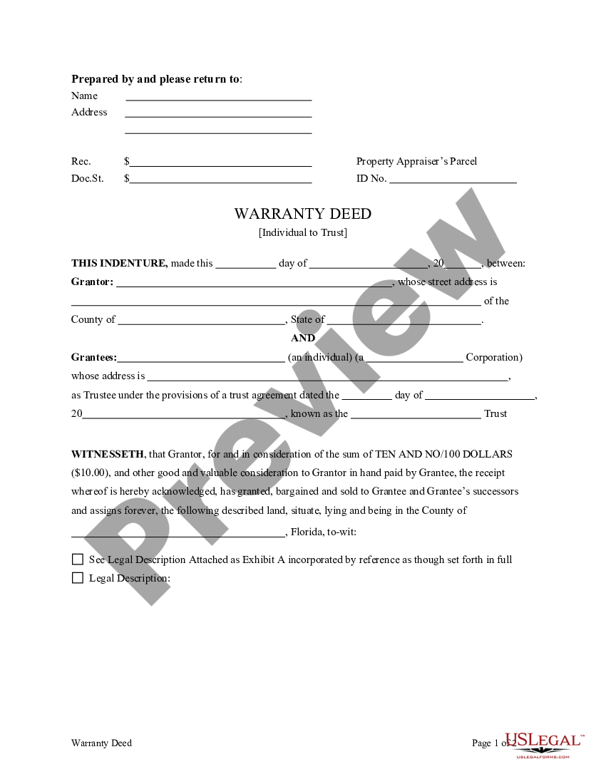 Florida Warranty Deed From Individual To A Trust Warranty Deed Real Us Legal Forms 1502